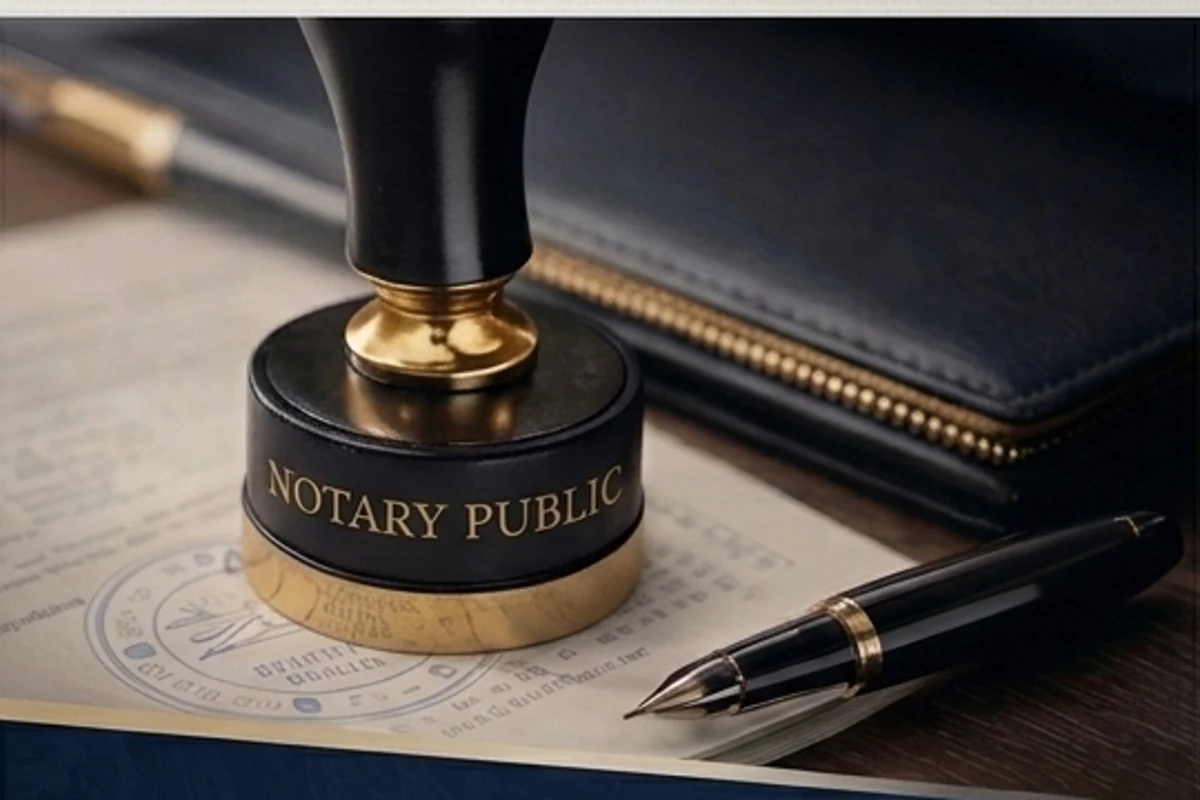 Notary seal, pen, and document arranged on a desk